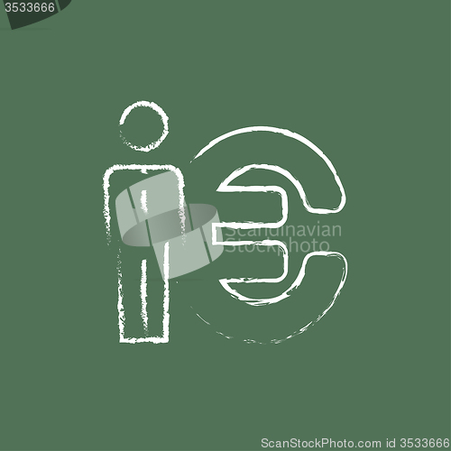 Image of Businessman standing beside the Euro symbol icon drawn in chalk.