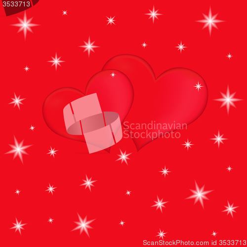 Image of Two red hearts on a red background with stars