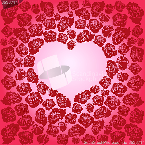 Image of Heart of dark red roses on a pink background