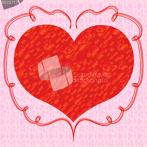 Image of Heart with red roses on a pink background