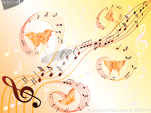 Image of Musical notes on stave and flying butterflies