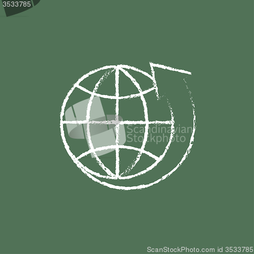 Image of  Earth and arrow around icon drawn in chalk.