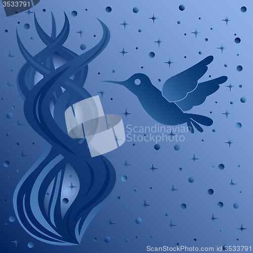 Image of Phantasmagoric composition with bird on starry sky background