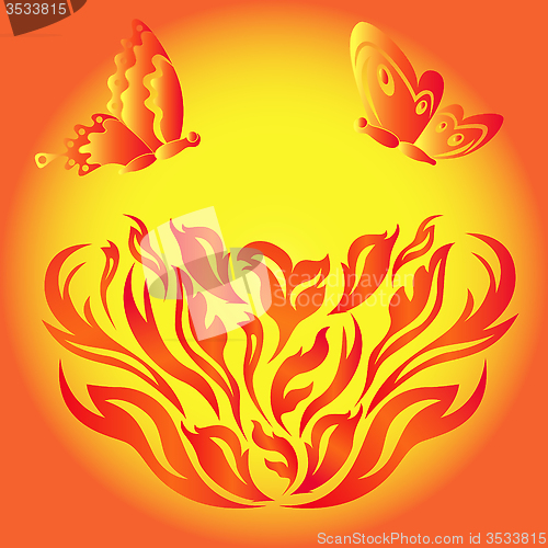 Image of Butterflies over a fiery flower