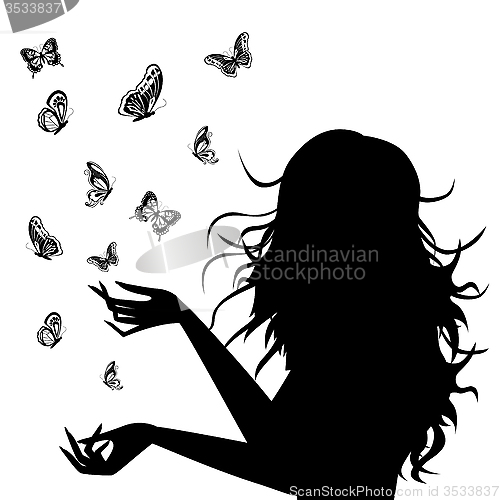 Image of Woman silhouette with butterflies around her