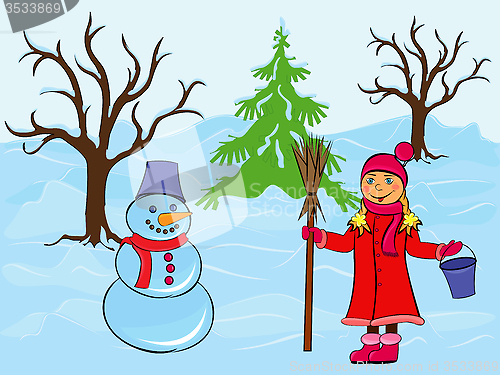 Image of Child girl and snowman in wintertime