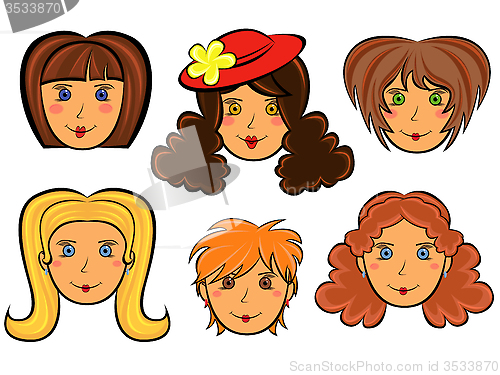 Image of Set of six cartoon women faces 