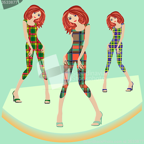 Image of Fashionable models posing on podium in various checkered dresses