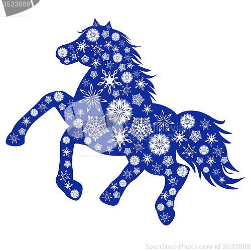 Image of Blue Horse silhouette with many snowflakes