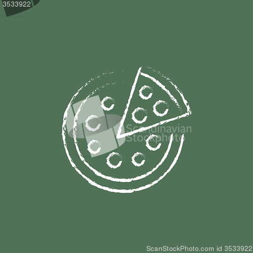 Image of Whole pizza with a slice icon drawn in chalk.