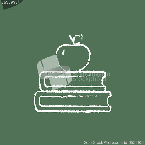 Image of Books and apple on the top icon drawn in chalk.