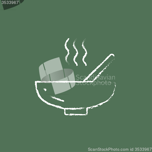 Image of Bowl of hot soup with spoon icon drawn in chalk.