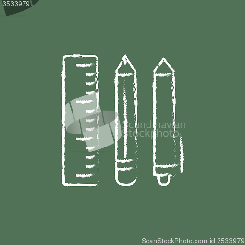 Image of School supplies icon drawn in chalk.