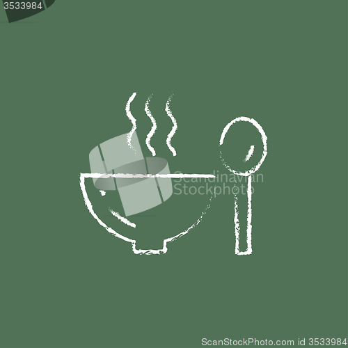 Image of Bowl of hot soup with spoon icon drawn in chalk.