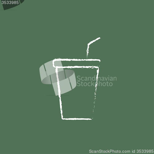Image of Disposable cup with lid and drinking straw icon drawn in chalk.