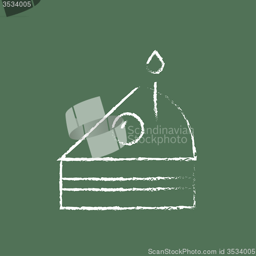 Image of Slice of cake with candle icon drawn in chalk.