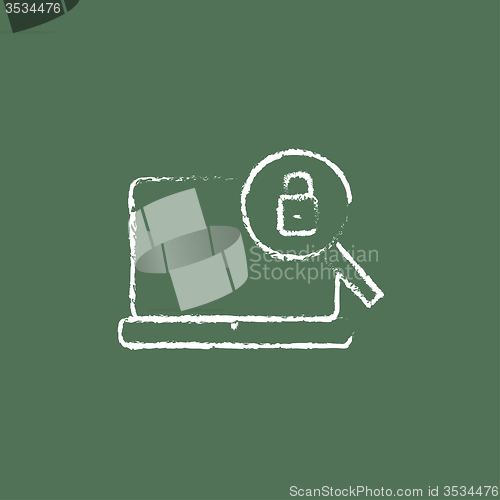 Image of Laptop and magnifying glass icon drawn in chalk.