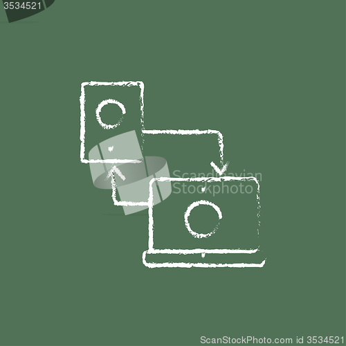 Image of Synchronization computer with mobile device icon drawn in chalk.