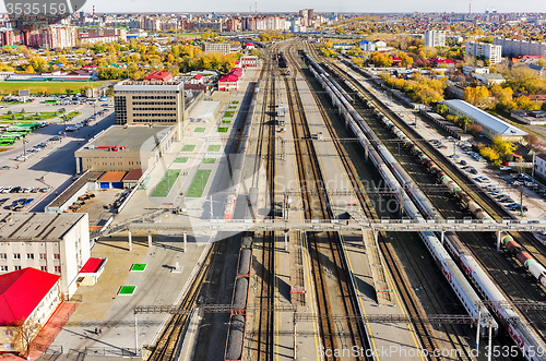 Image of Aerial view onto railway station. Tyumen. Russia