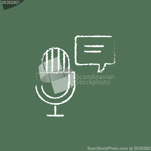 Image of Microphone with speech square icon drawn in chalk.