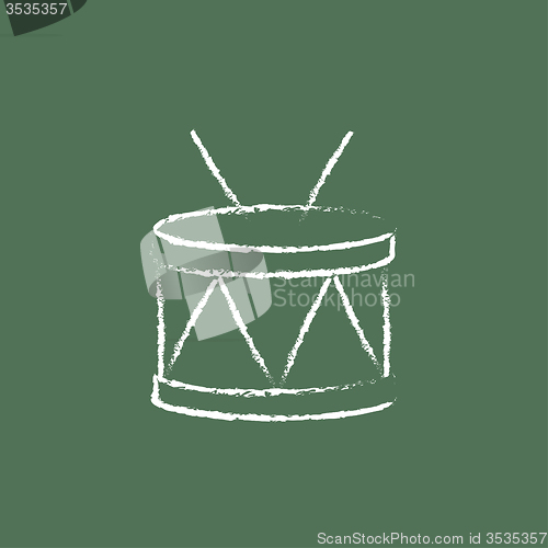 Image of Drum with sticks icon drawn in chalk.