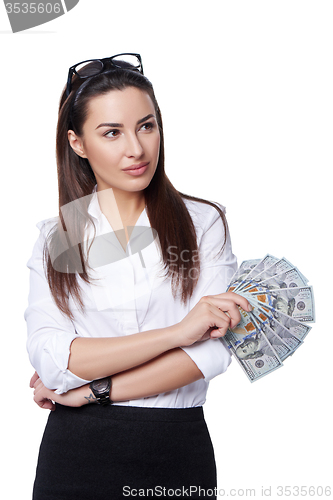 Image of Smiling business woman with us dollar