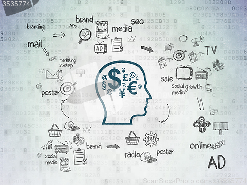 Image of Advertising concept: Head With Finance Symbol on Digital Paper background