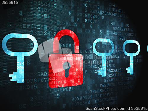 Image of Protection concept: Padlock And Key on digital background