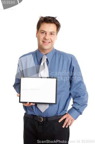 Image of Businessman or salesman  holding sign