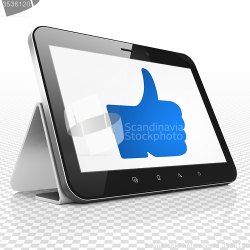 Image of Social network concept: Tablet Computer with Thumb Up on display