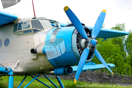 Image of Old retro airplane on green grass 