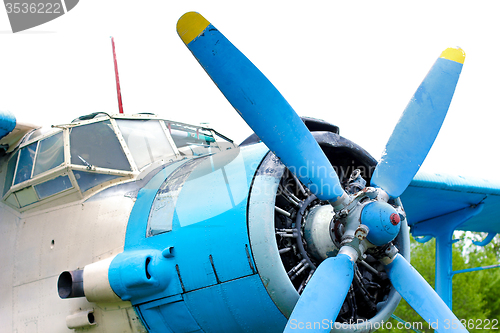 Image of Old retro airplane on green grass 