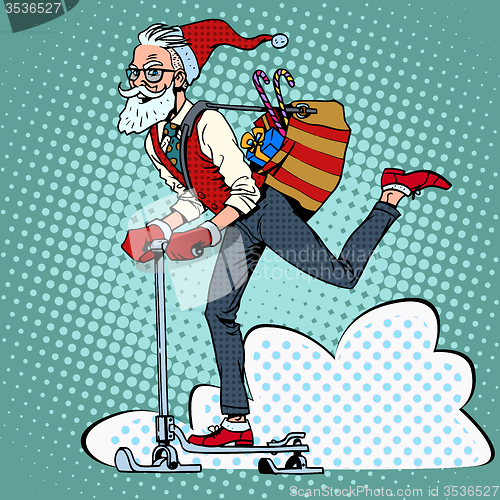 Image of Hipster Santa Claus spreads the Christmas gifts on a scooter sle