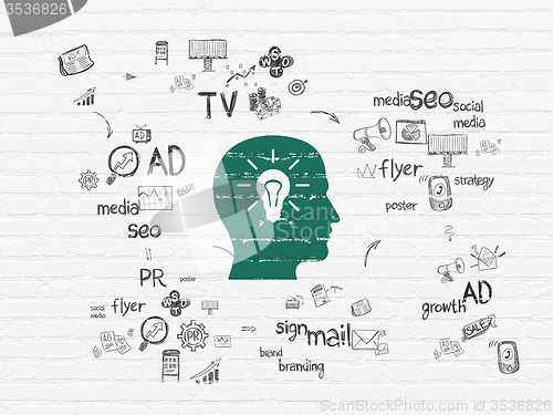 Image of Advertising concept: Head With Light Bulb on wall background