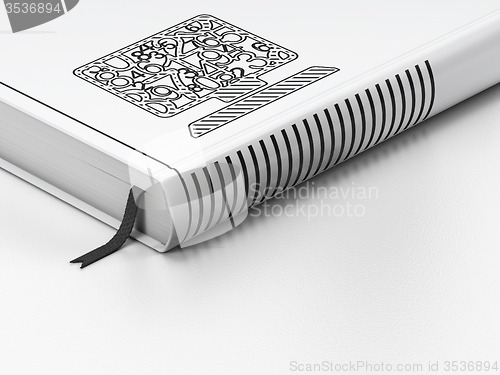 Image of Education concept: closed book, Computer Pc on white background