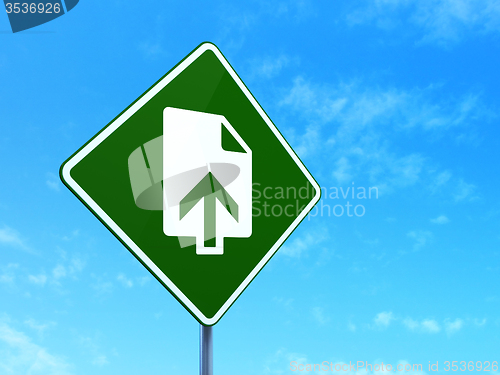 Image of Web design concept: Upload on road sign background