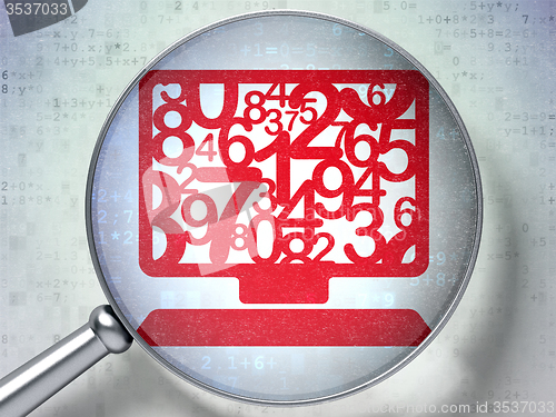 Image of Education concept: Computer Pc with optical glass on digital background