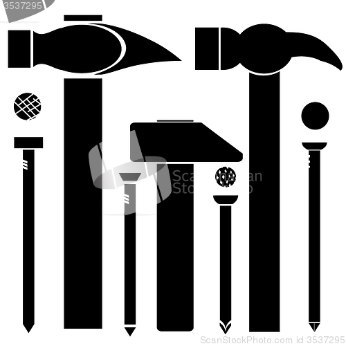 Image of Set of Different Hammers and Nails