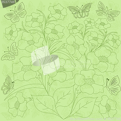 Image of Flowers and butterflies green background