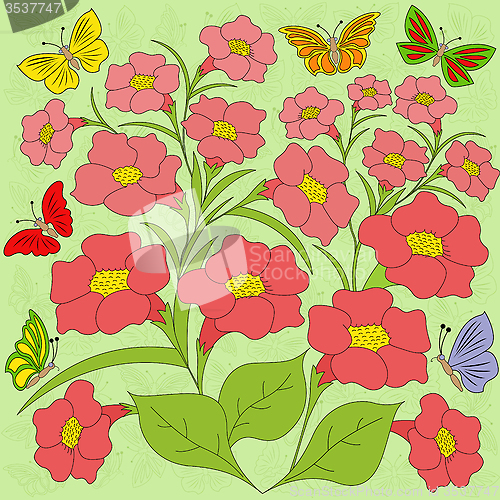 Image of Flowers and butterflies color background