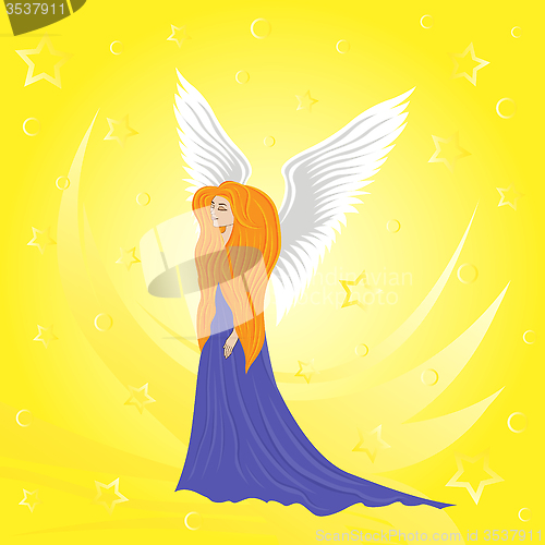 Image of Woman angel on abstract yellow background