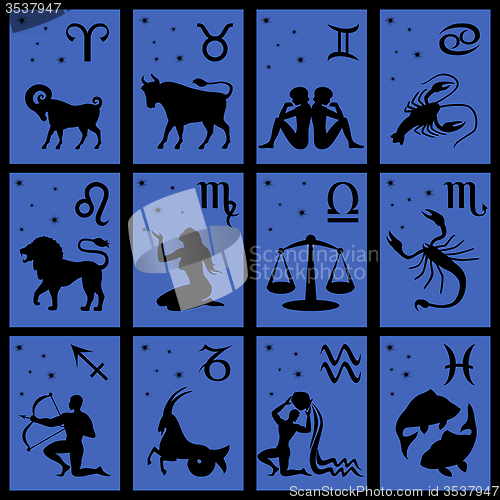 Image of Twelve black silhouettes of Zodiac signs