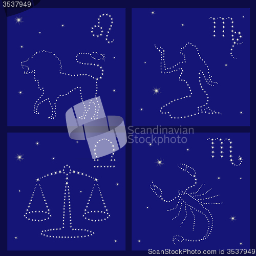 Image of Four Zodiac signs: Leo, Virgo, Libra, Scorpio