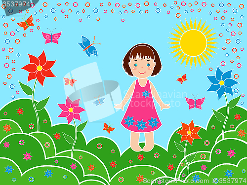 Image of Small girl on the meadows in sunny summer day
