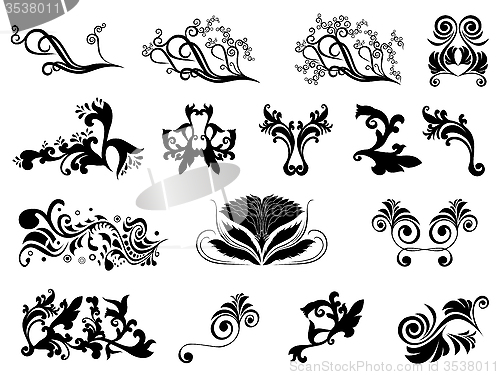 Image of Set of black silhouettes of floral elements over white 