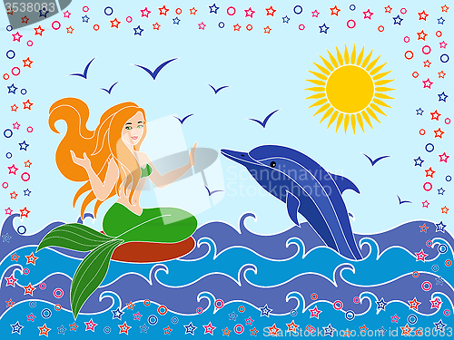 Image of Dolphin and Mermaid in the sea waves