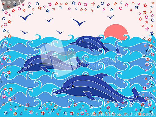 Image of Three Dolphins in the sea waves