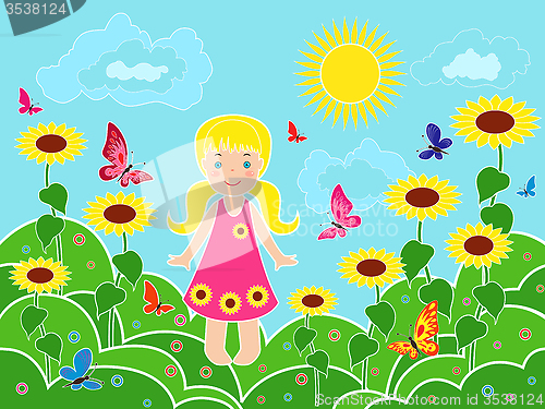 Image of Small girl on the field among sunflowers