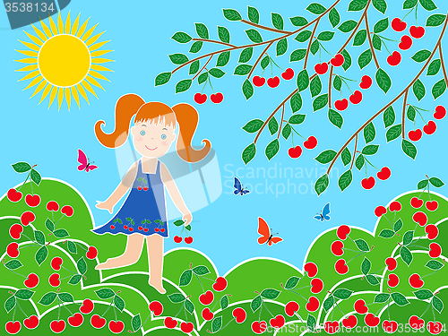 Image of Small girl near cherry tree in sunny summer day