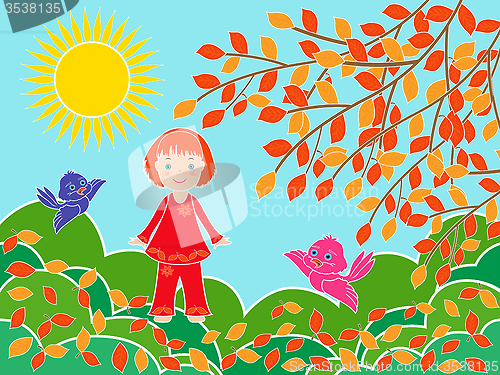 Image of Small girl near tree in sunny autumn day